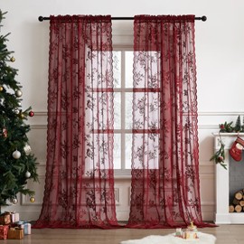 Burgundy Lace Curtains 45 Inch Length Vintage Floral Sheer Curtains for Kitchen Cafe Rod Pocket Light Filtering Wine Lace Window Curtains 2 Panels set for Closet Basement Modern Maroon Decor, 52x45