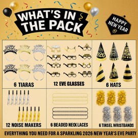 Tangrove New Years Eve Party Supplies 2026 – 48 PCS Celebration Kit with Headbands, Cone Hats, Glasses, Necklaces, Noise Makers & Wristbands – Gold Silver Happy New Year Decorations