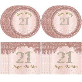 Juhap 21st Birthday Decorations for Girls Her Rose Gold Party Supplies Include 20Pcs Plates 20Pcs Napkins Rose Gold Sweet 21 Birthday Party Tableware for 20 Guests