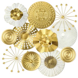 Lingvee 11 Pcs Gold White Metal Wall Art Decor Sunburst Hanging Metal Artwork Starbursts Wall Art Decorations for Home Living Room Office Sculptures