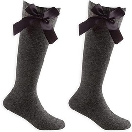 COSHAL® 2 Pairs Girls Knee High School Cotton Socks with Fluffy Ribbons Bow, Back to School Socks Uniform Party Comfort Fit Long Socks Stocking Girls Knee High Kids School Sock Size 12-3 Grey KHB