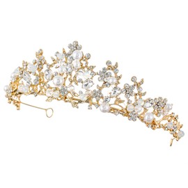 Samky Gold Bride's Wedding Tiara Headpiece Bridal Crown Pearl Crystal Hair Accessories for Woman