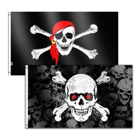 2Pack Pirate Flags 3x5 Ft Large -Red Eye&Red Bandana, Moderate-Outdoor 100D Polyester,Canvas Header and Double Stitched - Jolly Roger Black Beard Pirates Flags