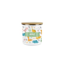 Purely Home Kids Mini Snack Pot – Lunchtime Dinosaurs Apple Storage Canister - White Metal Enamel Treats Storage Container
