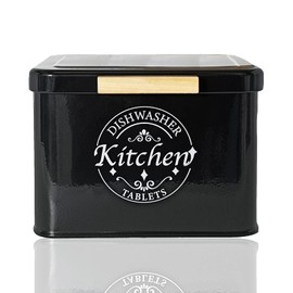Dishwasher Pod Container with Hinged Lid. Farmhouse Metal Dishwaser Pods Holder for Kitchen Cabinet Organizer. Modern Kitchen Decor and Accessories. Dishwasher Detergent Tablet Storage (Black)