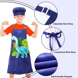 MHJY Kids Apron and Chef Hat for Boys Dinosaur Child Aprons with Pockets, Child Apron for Cooking Baking Painting 3-12 Years
