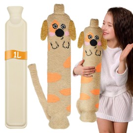 Cyiecw Cartoon Plush Hot Water Bottle Long, 1 Litre Kids Hot Water Bottle with Soft Cover, 57 x 10cm Small Capacity Tube Hot Water Bottle Animal for Shoulder, Neck (Dog)