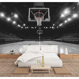 Basketball Court Black and White Sports Hoop Stadium Lights Empty Wall Mural Peel & Stick Wallpaper Removable Self-Adhesive Large Wall Sticker Wall Decor for Boys Room Bedroom Nursery 100"x144"