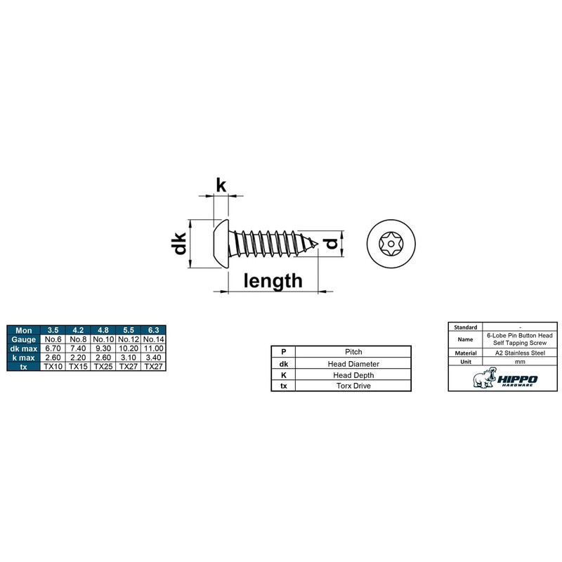 Hippo Hardware No.14 X 2" (6.3mm X 50mm) Torx Pin