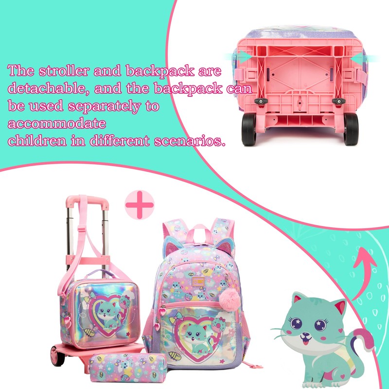Kids Rolling Loving Cat Backpack for Girls Trolley Suitcases Luggage