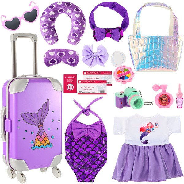 Travel Luggage Play Set for 18 Inch Doll Accessories and Furniture Doll Luggage Seat with Mermaid Doll Clothes Sunglasses Camera Toy Travel Pillow Travel Doll Playsets, Doll Not Included (Vivid Style)