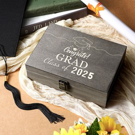 Seeloowy Graduation Keepsake Wood Box Engraving Graduation Cap Gift for Him Memories Class of 2025 Keepsake Congrats Grad Box for Graduate High School Party(Black,Classic)