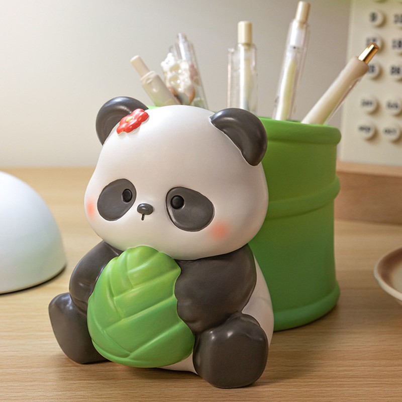 Panda Bamboo Pen Holder Cute Shape Large Capacity Resin Multipurpose
