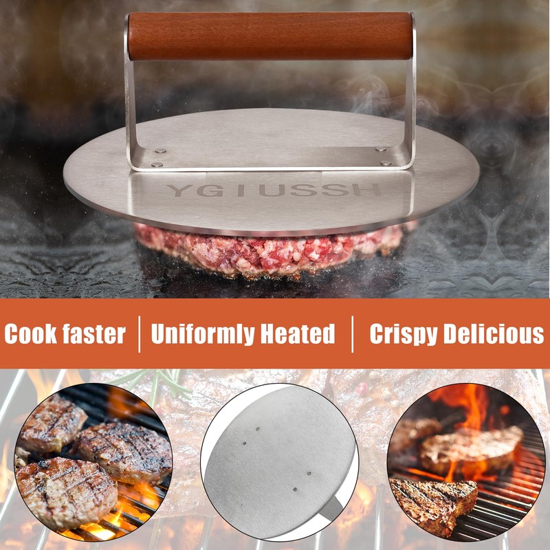 ygiussh 8.7 Inch Heavy-Duty Grill Press with Beech Wood Handle