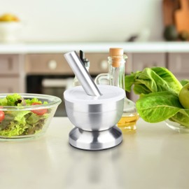 Relaxdays Mortar with Pestle, Stainless Steel, with Lid, Spices, Herbs, Non-Slip Hand Mortar, Diameter 10 cm, 200 ml, Grey