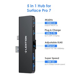 LENTION Surface Pro 7 - Estación de acoplamiento para concentrador USB C, 5 en 1 Surface Pro 7 Hub, 4K a 60Hz USB-C a HDMI, USB C a Gigabit Ethernet, 2 concentradores USB 3.0, concentrador PD de 60 W
