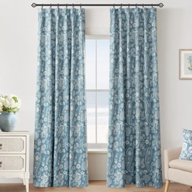 Pinch Pleated Blackout Curtains for Living Room Bedroom,96 Inch Long 2 Panel Set Coastal Cottage Farmhouse Dusty Light Blue Floral Patterned Black Out Window Treatments Pleat Drapes