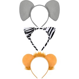 Cindeer 3 Pcs Zoo Animal Ear Costume Headband Jungle Safari Plush Ear Hair Hoop for Adult Animal Party Cosplay Prop(Elephant, Zebra, Lion)