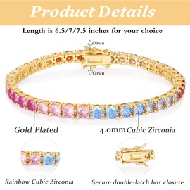 Gemsme 4.0MM Tennis Bracelet for Women-Rainbow Cubic Zirconia Bracelet,14K Gold Plated Multi Colored Round Cut CZ Tennis Link for Jewelry Gift, 6.5 inch