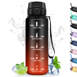 Drinking Bottle, Water Bottle, 1.5 Litres, Sports Water Bottle with Filter, Hiking Water Bottle with Time Marking, Can Be Carried, Adult Water Bottle for Fitness, Camping, Outdoor