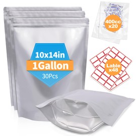 NexLevVac 30PCS 1Gallon 10"X14" Mylar Bags for Food Storage with Oxygen Absorbers&Lables,10 Mil Thick Resealable Stand-Up Zipper&Heat Sealable Bags for Long Term Food Storage,Dried Food