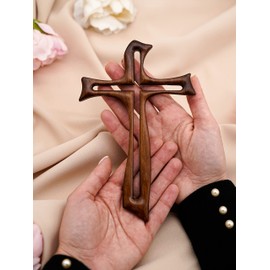 Holy Family Kreuz Kreuz Harz und Marmorpulver in Holzoptik lackiert mit Wand 19 cm/Kreuz aus modernem Schlüssel | Einzigartig in Ihrem Geschlecht | Handwerksprodukt Made in Italy