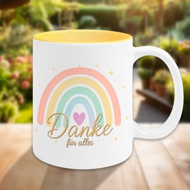 Tasse Danke für Alles mit Regenbogen – Geschenk für Erzieherin, Lehrerin, Kollegin – Abschiedsgeschenk mit Geschenkverpackung – Handmade in Deutschland (Hellgelb)