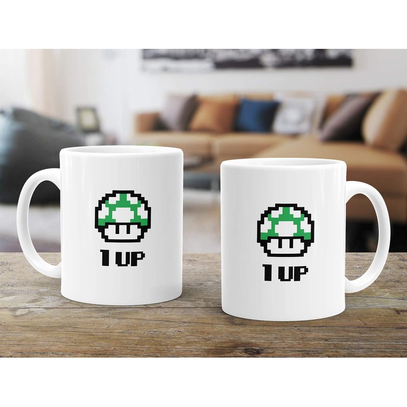 MoonWorks Coffee Cup Birthday Retro Pixel Mushroom 1-Up Mushroom Level-Up