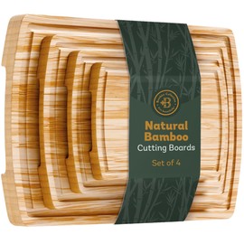 Wood Cutting Board - 4 Piece Bamboo Cutting Board Set, Wooden Cutting Boards for Kitchen with Deep Juice Groove, Side Handles - Wood Chopping Boards for Meal Prep, Meat, Vegetables, and Charcuterie