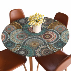 Guxxuil Colorful Mandala Round Tablecloth Retro Floral Spiral Top Retro Blue Brown Red Fitted Table Cover Washable Tablecloths for Kitchen Dining Party 40-44 inch