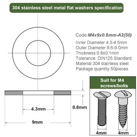M4 Washers, M4 x 9mm Metal Flat Penny Washers Thickness 0.8mm-A2 304 Stainless Steel Washers (50 Pack), AMLOOPH Large OD Plain Wide Metal Washers, Round Flat Spacer Repair Washer For Screws Bolts