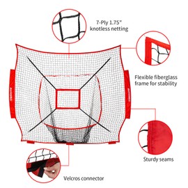 BaseGoal Baseball & Softball Replacement Net 7ft x 7ft (NET ONLY),Heavy Duty Knotless for Baseball Pitching Hitting and Throwing Practice (Red+Strike Zone)