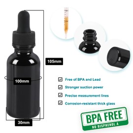 NOOEEISS 48 Pack,1oz Glass Dropper Bottle,Blakc Tincture Bottles with Dropper,Pretty Finish for All Kinds of Liquids,Oil Bottles for Hair- Stronger Suction ideal for Leakproof Travel