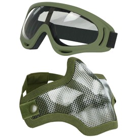 AOUTACC Airsoft Mesh Mask and Goggles Set, Half Face Steel Mesh Mask and Goggles for CS/Hunting/Paintball/Shooting