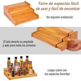 Organizador de especias expandible cocina，3 niveles de escalones para alacena extensibles,8.75 pulgada especiero，Alta dureza y fácil de limpiar，para Despensa, Encimera, Mostrador（Natural）