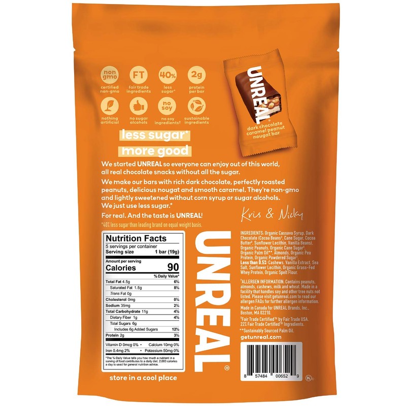 UNREAL Dark Chocolate Caramel Peanut Nougat Bars - Non-GMO, Less