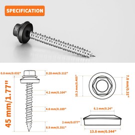 60 PCS #10 x 1-3/4" Hex Head Metal Roofing Screws with Bit, Black Painted Head Sheet Roof Screw with EPDM Washer, High-Low Thread, Self-Tapping Metal to Wood Screws for Roofing & Siding - TPOHH