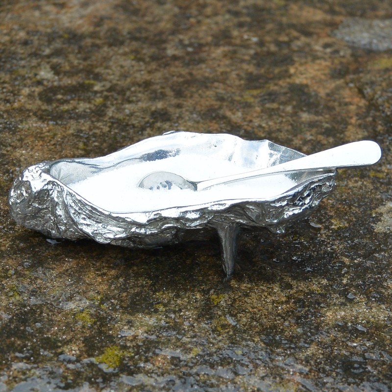 Fine Pewter Salt Bowl with Simple Spoon, Handcast from an