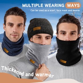 Pibupibu Winter Neck Gaiter Set for Men, 3 Pack Fleece Warmer Windproof Face Neck Cover Cold Weather Scarf for Outdoor Sports (Thick Stripe, Black Grey Navy)