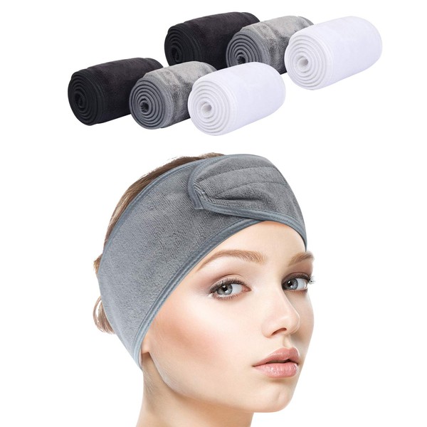 SINLAND Spa Headband for Women 6 Counts Ultra Soft Adjustable Makeup Hair Band with Magic Tape, Stretch Head Wrap for Bath, Shower, Facial Mask, Yoga