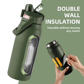 PlanetFlame 50oz/1.5L Insulated Sports Water Bottle, Stainless Steel Double Wall Water Jug with Handle, 2-in-1 Chug Spout and Straw Lid with Lock Cover for School, Outdoor, Sports & Travel, Army Green