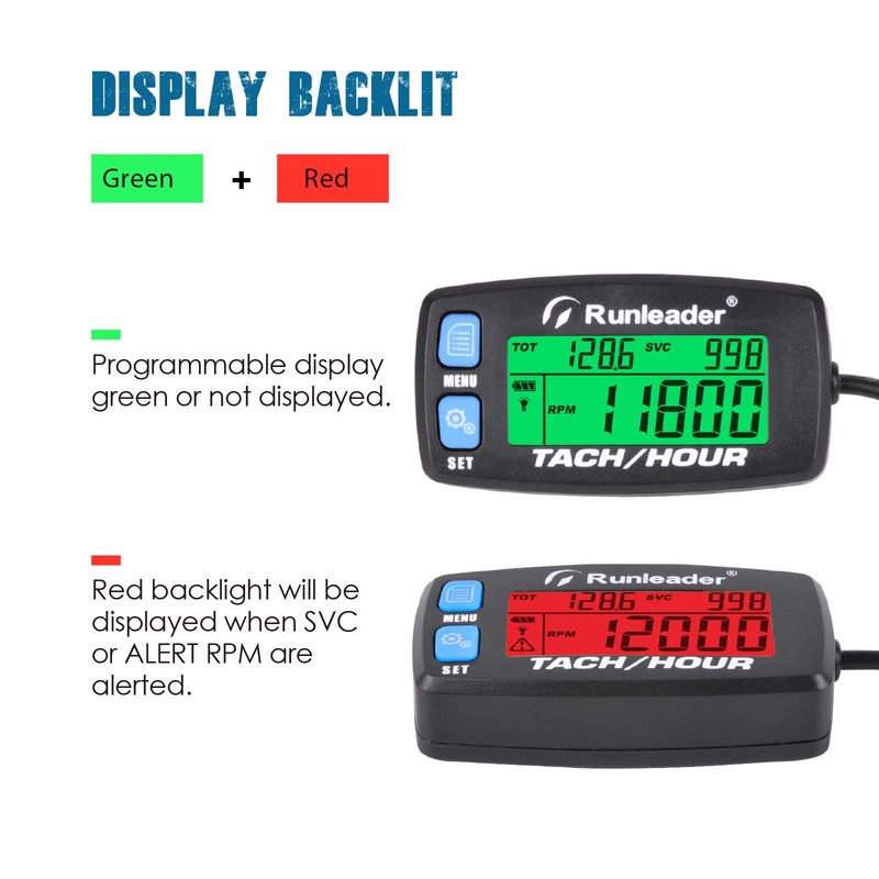 Runleader Hour Meter Tachometer,Maintenance Reminder,Alert RPM,Backlit Display,Initial Hours Setting,Battery Replaceable,Use