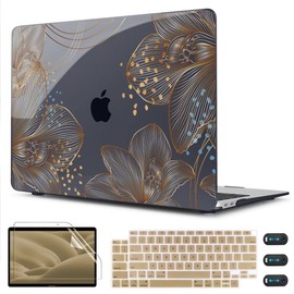 CISSOOK for MacBook Air 13 inch Case 2021 2020 2019 2018 Model M1 A2337 A2179 A1932, Black Hard Shell Case & Keyboard Cover & Screen Protector for MacBook Air 13 with Touch ID, Gorgeous Gold Floral