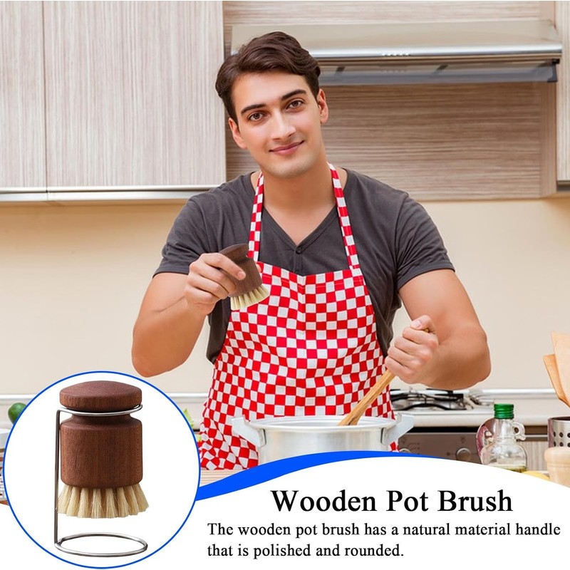 Dish Scrub Brush with Holder - Ergonomic Wooden Kitchen Cleaning