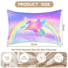Cotsena Satin Pillowcase Rainbow Unicorn with Stars Silk Pillowcase for Hair and Skin,Queen Pillowcase Soft and Smooth with Hidden Zipper Suitable for Women 20x30 Inch