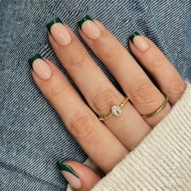 SXVME Uñas postizas cuadradas cortas con punta francesa verde oscuro para mujer, con pegamento, 15 tamaños (30 unidades), diseño realista, diseño clás