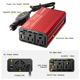 Car Power Inverter 300W, 12V to 110V DC to AC Converter with Dual AC Outlets, 65W PD USB-C & 18W QC USB-A Fast Charging ports, Vehicle Power Supply Adapter with Cooling Fan for Travel, Camping,Outdoor