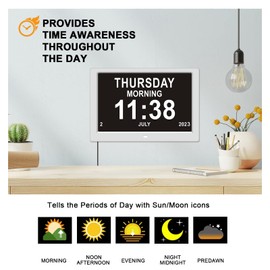 YOUYU Digital Clock with Date, Dementia Clock Australia with 10.1 Inch Large LCD Screen, Electronic Alarm Clock & On Time Alarms, Auto Night Dimming, Remote Control, Digital Clocks for Elderly(White)