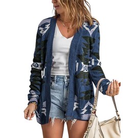 chouyatou Suéter de punto jacquard con estampado azteca tribal para mujer, Azul, L