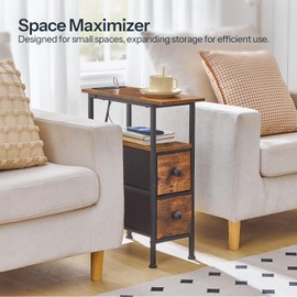 HOOBRO End Table with Charging Station, Narrow Side Table with 2 Fabric Drawers, Skinny Nightstand with Storage, Slim Bedside Table for Living Room, Small Spaces, Rustic Brown and Black BF487UBZ01